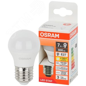 Лампа светодиодная LED Star Шарообразная 7Вт (замена 60Вт), 600Лм, 2700К, цоколь E27 OSRAM