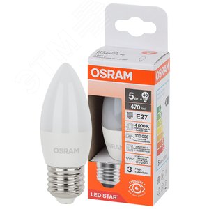 Изображение товара Лампа светодиодная LED Star Свеча 5Вт (замена 40Вт), 470Лм, 4000К, цоколь E27 OSRAM (шт)
