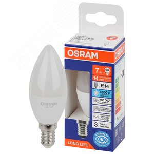 Лампа светодиодная LED 7Вт Е14 6500К 600Лм свеча 220В (замена 60Вт) OSRAM