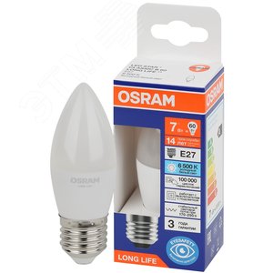 Лампа светодиодная LED 7Вт Е27 6500К 600Лм свеча 220В (замена 60Вт) OSRAM