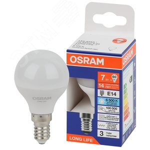 Лампа светодиодная LED 7Вт Е14 6500К 600Лм шар 220В (замена 60Вт) OSRAM