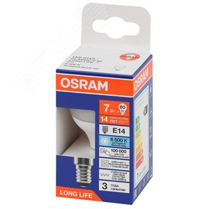 Лампа светодиодная LED 7Вт Е14 6500К 600Лм шар 220В (замена 60Вт) OSRAM 4099854186486 LEDVANCE - 4