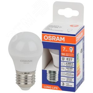 Лампа светодиодная LED 7Вт Е27 4000К 600Лм шар 220В (замена 60Вт) OSRAM