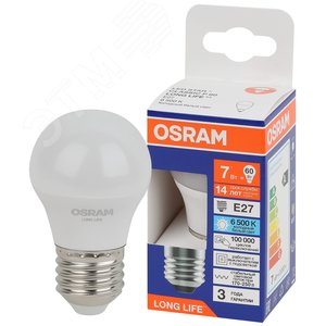 Лампа светодиодная LED 7Вт Е27 6500К 600Лм шар 220В (замена 60Вт) OSRAM 4099854186578 LEDVANCE