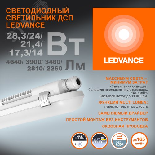 Светильник светодиодный промышленный пылевлагозащищенный ДСП 28,3/24/21,4/17,3/14Вт 4640/ 3900/ 3460/ 2810/ 2260Лм 4000К IP65 Серый - фото 2