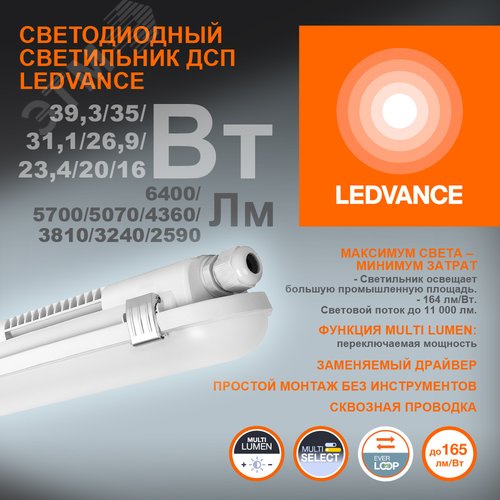 Светильник светодиодный промышленный пылевлагозащищенный ДСП 39,3/35/31,1/26,9/23,4/20/16Вт 6400/ 5700/ 5070/ 4360/ 3810/ 3240/ 2590Лм 4000К IP65 Серый - фото 2