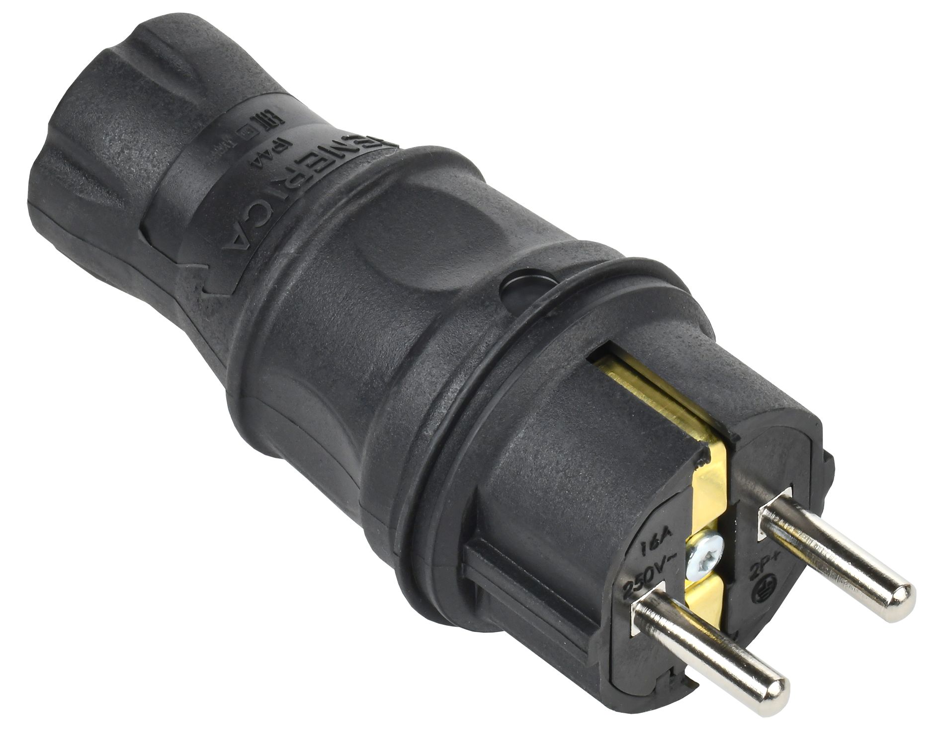 Вилка IEK EVK20-016-01-44-K02-G, прямая, с заземлением, IP44, 16А, 250В, черная