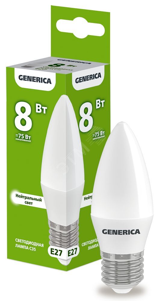 Изображение товара Светодиодная лампа GENERICA C35 свеча 8Вт 230В 4000К E27 Изображение товара Светодиодная лампа GENERICA C35 свеча 8Вт 230В 4000К E27