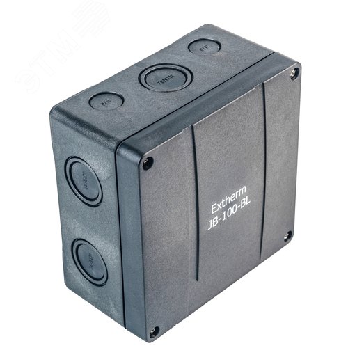 Изображение товара Коробка распределительная Extherm JB-100-BL 140*140*76 мм IP 66, черная, в комплекте с клеммным рядом 10х10 кв.мм., 76А (шт)