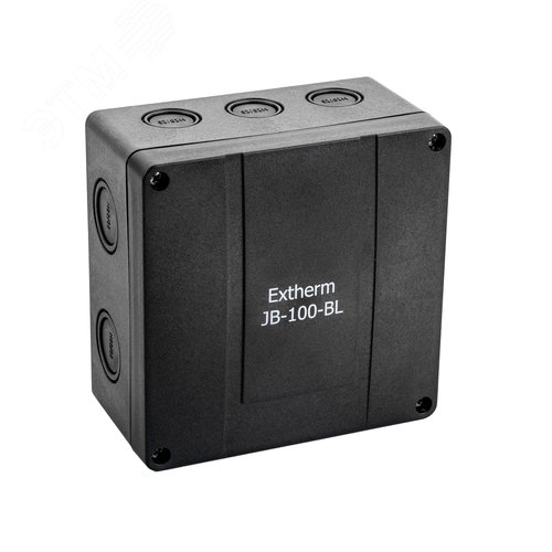 Изображение товара Коробка распределительная Extherm JB-100-BL 140*140*76 мм IP 66, черная, в комплекте с клеммным рядом 10х10 кв.мм., 76А (шт)