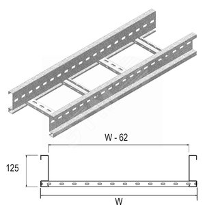 Кабельный лоток лестничного типа серии MEDIUM HEAVY, высота - 125 мм, ширина - 1000 мм, длина - 6000 мм, кратность - 6м, SZ - Оцинкованная сталь (методом Sendzimir)