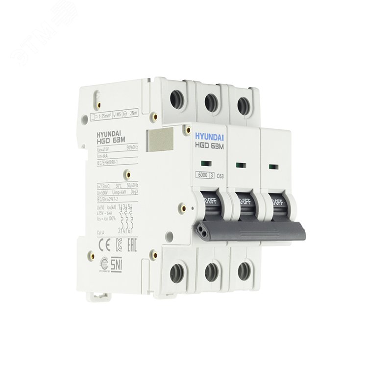 Изображение товара Автоматический выключатель HGD63-M 3 полюса 63А C характеристика для защиты электросетей