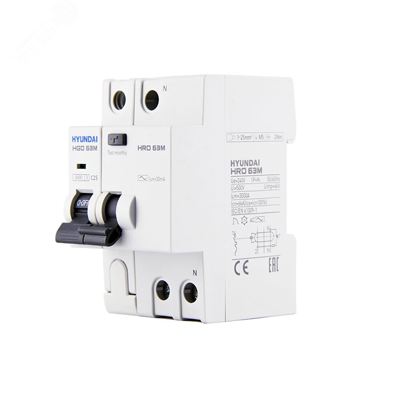 Изображение товара Автомат дифференциальный HRO63M 1NG4C0000C 00025G 25A 6kA 30мА для защиты электросетей