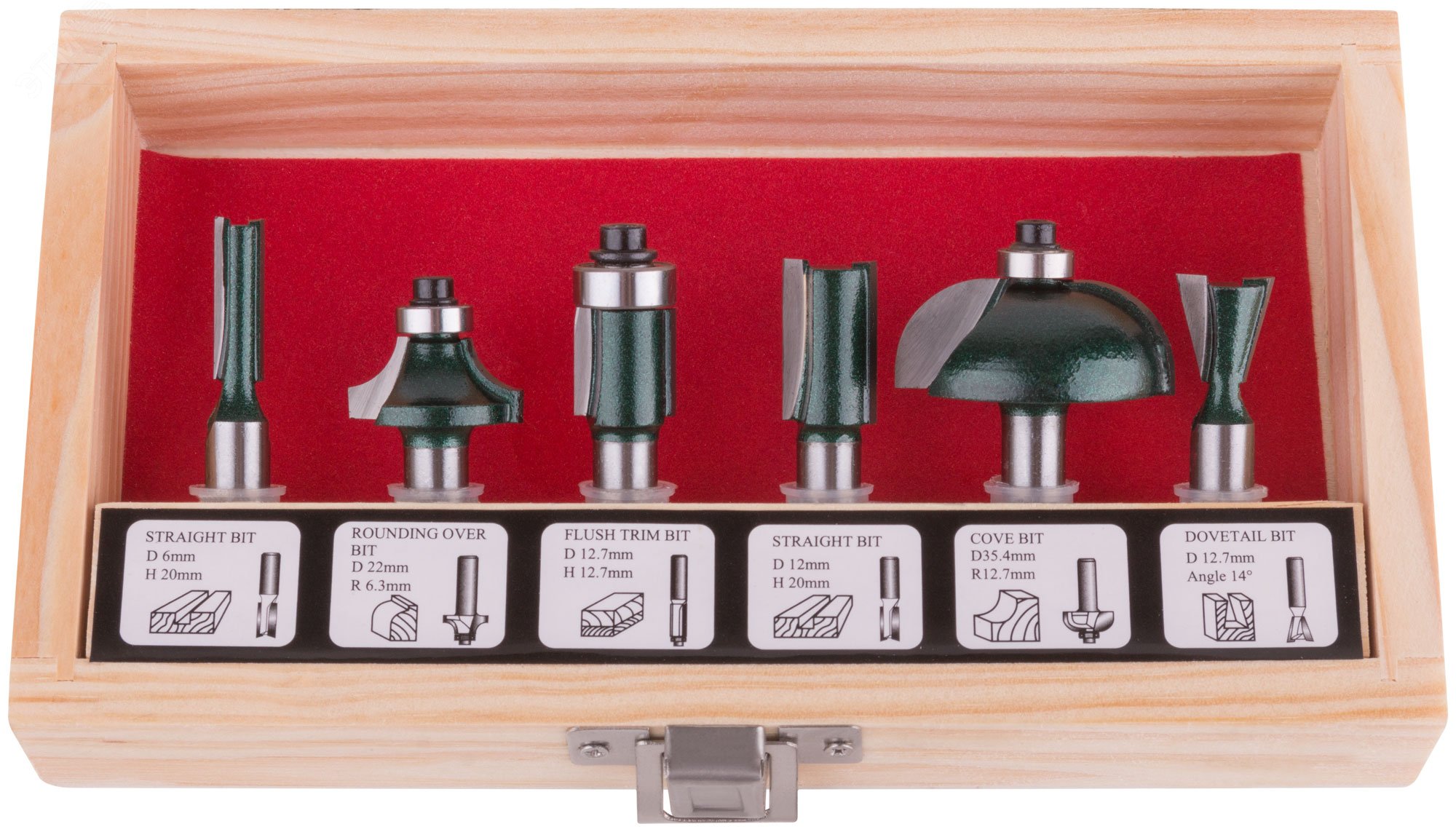 Изображение товара Набор кромочных фрез по дереву 6 шт с деревянным боксом FIT