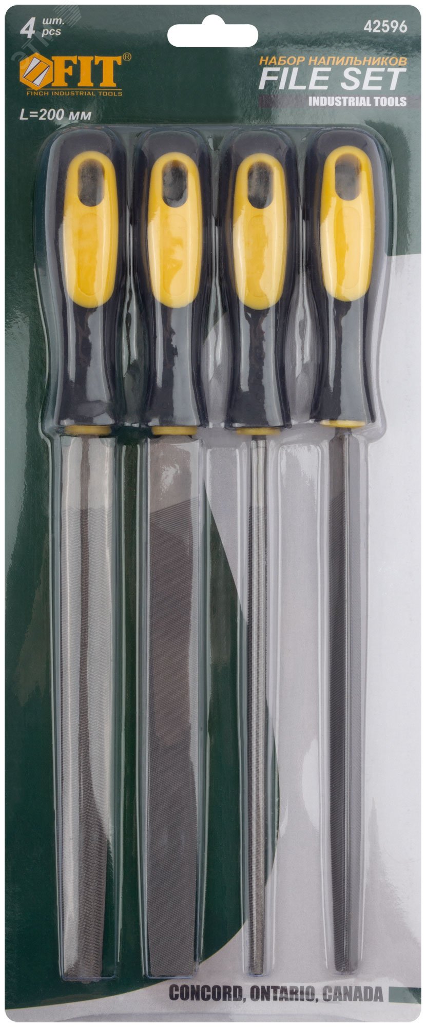 Напильники, прорезиненная ручка, набор 4 шт (трехгранный, плоский, круглый, полукруглый) 200 мм 42596 FIT - превью 3