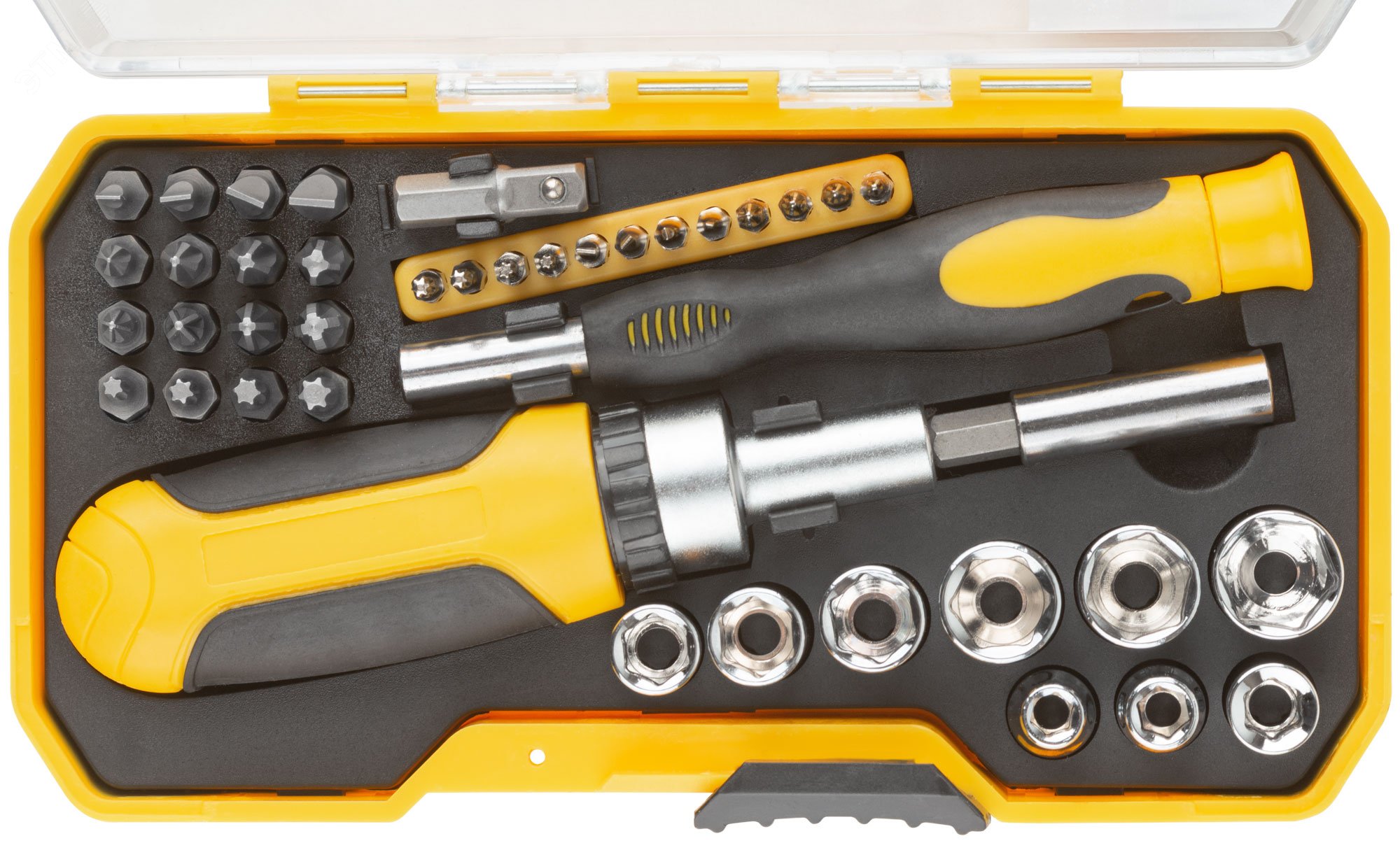 Изображение товара Отвертки реверсивная и для точных работ, набор 41 шт., пластиковый прорезиненный кейс (шт)