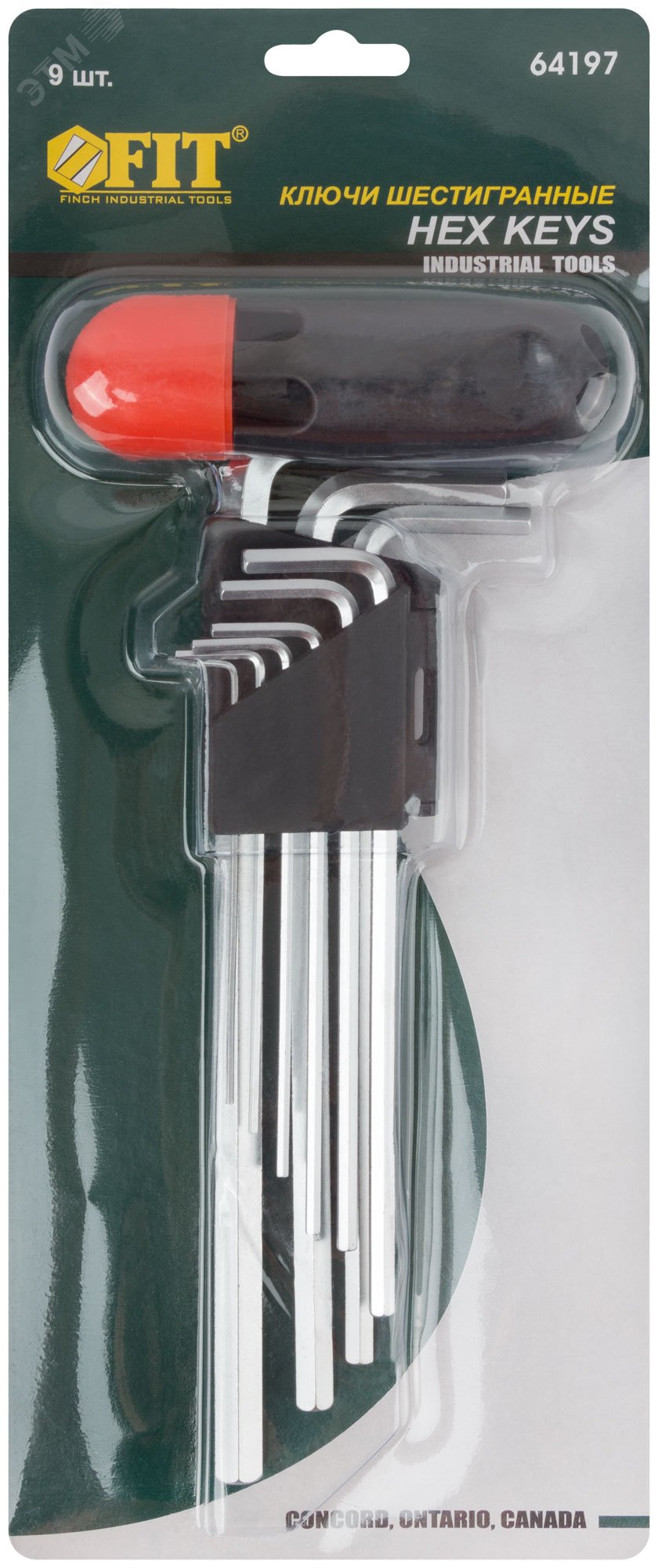 Ключи шестигранные длинные (1.5-10 мм) CrV, 9 шт с пластик.Т-обр.ручкой 64197 FIT - превью 2