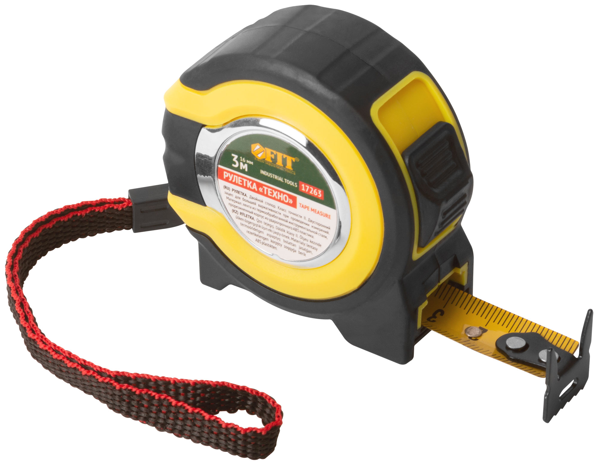 Рулетка прорезиненный корпус, двойной стопор ''Техно'' 3 м x 16 мм