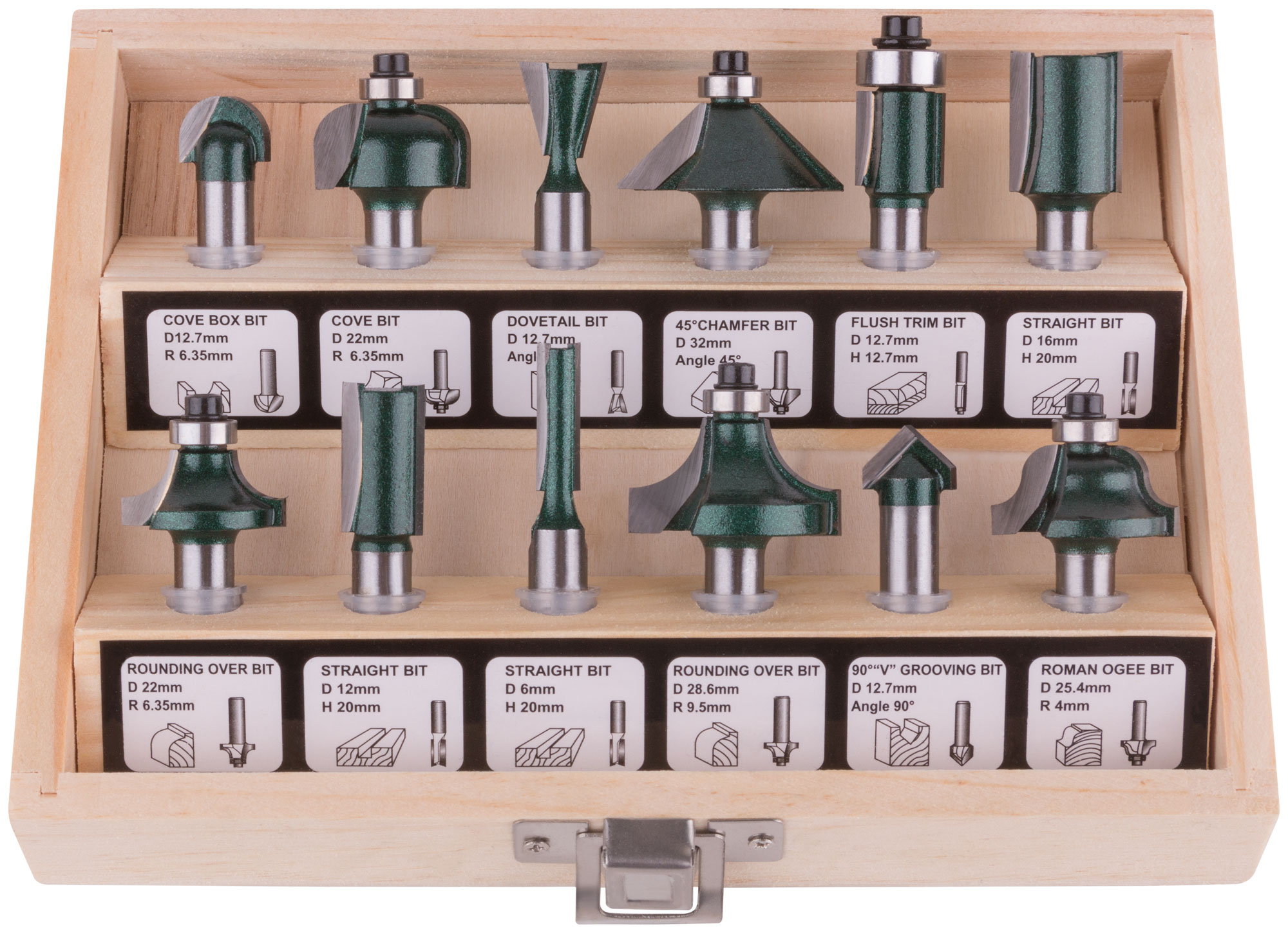 Фрезы по дереву кромочные, набор 12 шт, деревянный бокс, хвостовик 8 мм