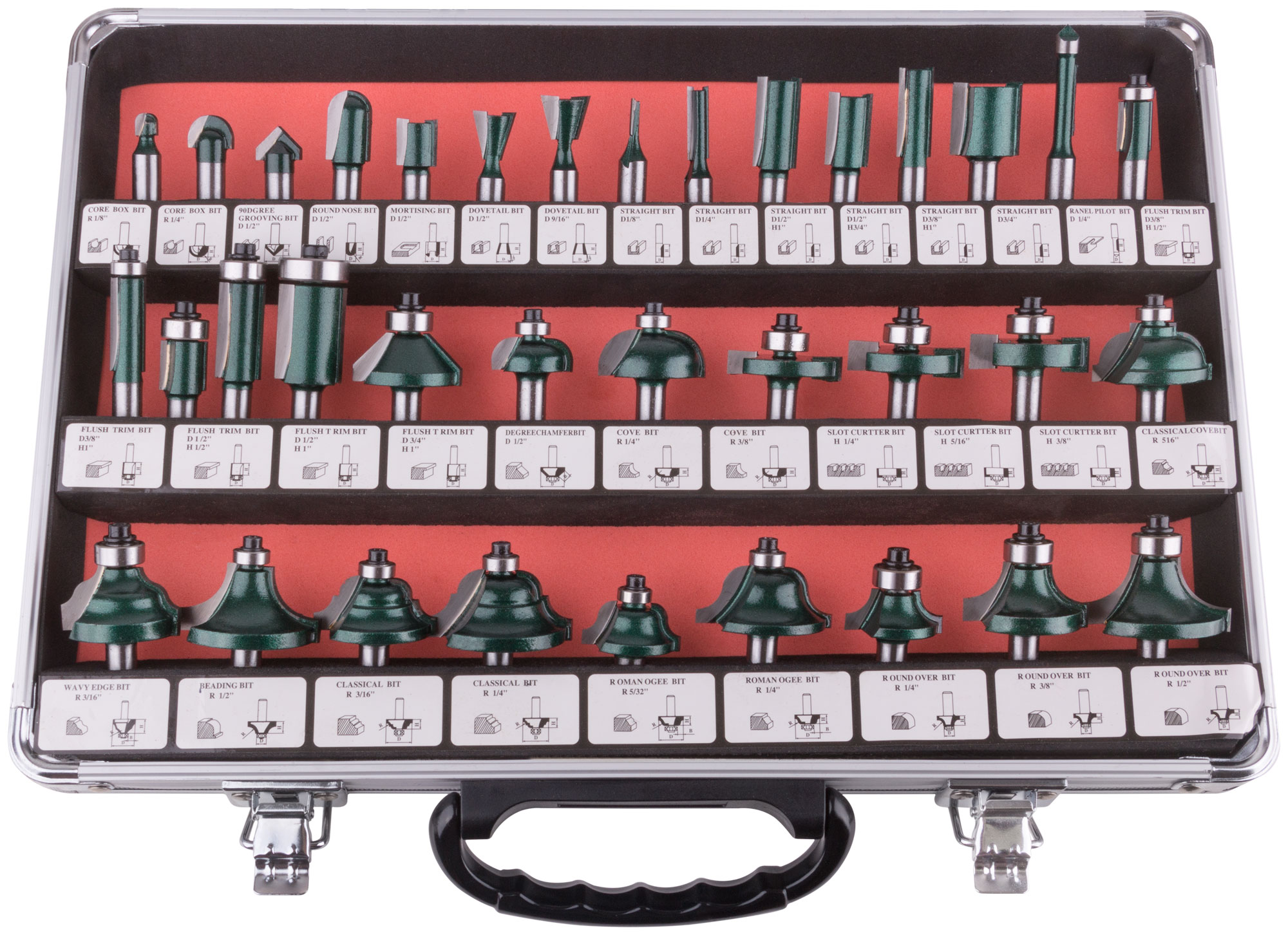 Фрезы по дереву кромочные, набор 35 шт, алюминиевый кейс, хвостовик 8 мм