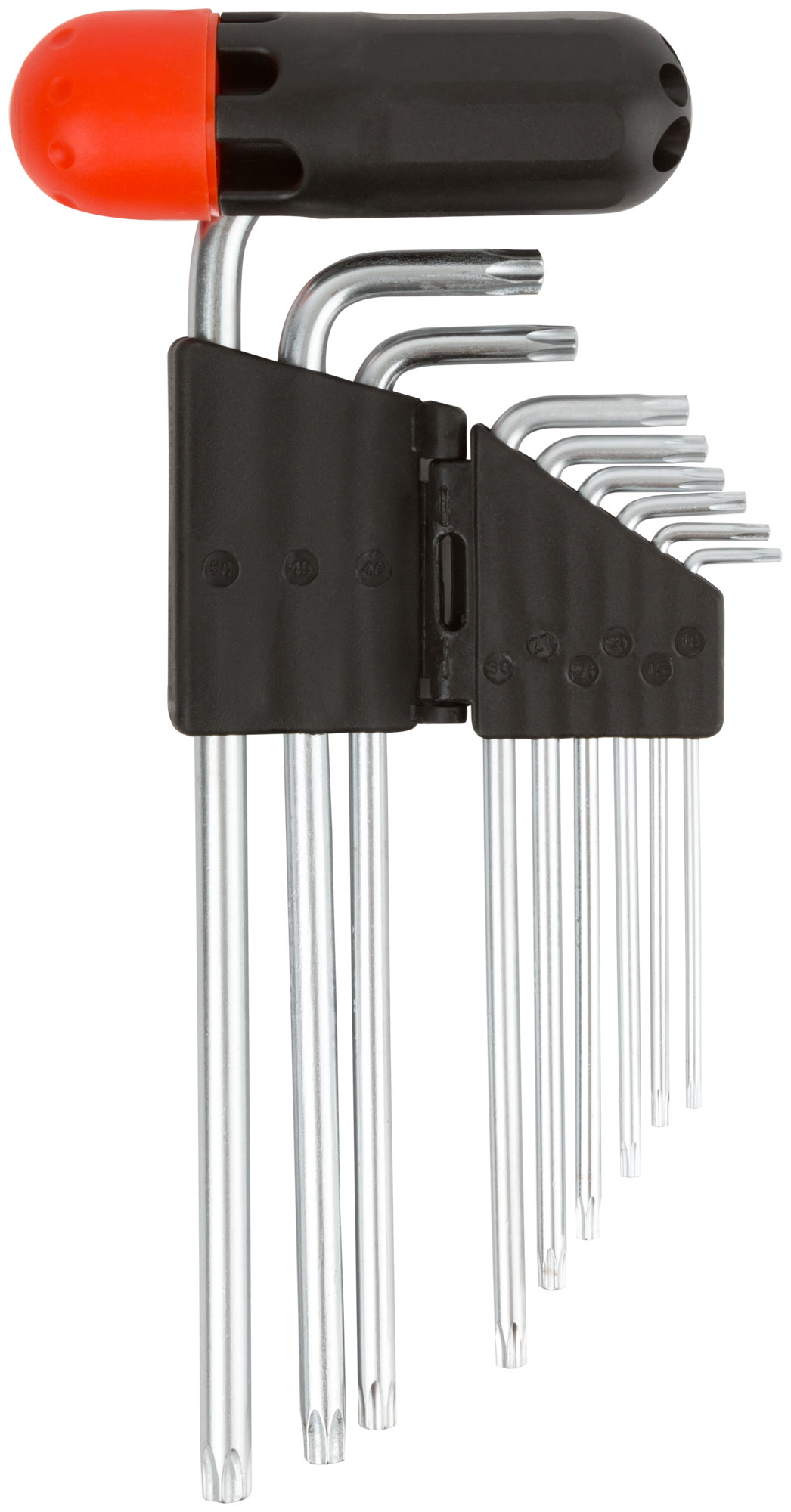 Ключи ''звездочки'' 9 шт CrV Т10-Т50, с отверстием, длинные, с пластиковой Т-образной ручкой, Профи