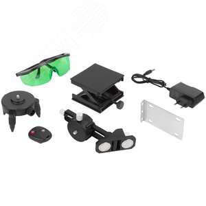 Уровень лазерный самоуспокаивающийся, зеленые лучи, 3 плоскости 360 гр., диапазон 20 м, Li-Ion аккум., 2 уровня яркости, без треноги, платформа для подъема, пульт управления, пластиковый кейс - фото 6