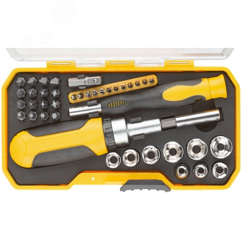 Изображение товара Отвертки реверсивная и для точных работ, набор 41 шт., пластиковый прорезиненный кейс (шт)