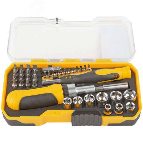 Отвертки реверсивная и для точных работ, набор 41 шт., пластиковый прорезиненный кейс - фото 4