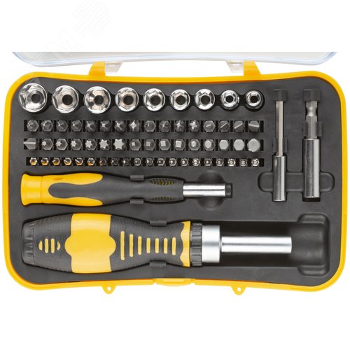 Изображение товара Отвертки реверсивная и для точных работ, набор 65 шт., пластиковый прорезиненный кейс (шт)