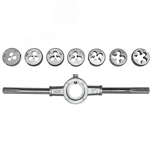 Изображение товара Плашки метрические, легированная сталь Профи 8 шт. М3-М12, плашкодержатель, блистер (шт)