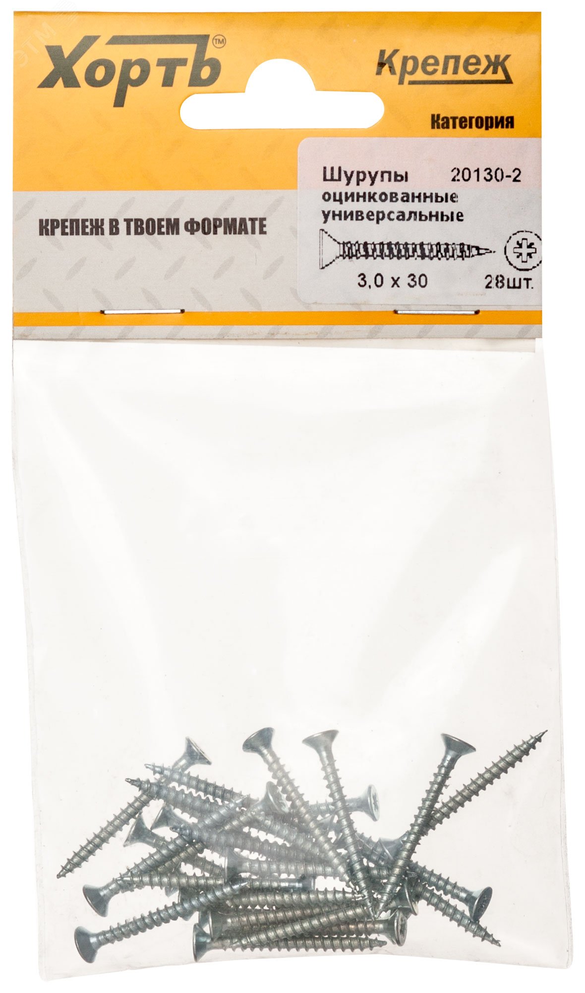 Изображение товара Шуруп универсальный 3х30 потайная головка, остроконечный, оцинкованный (28шт) (упак)