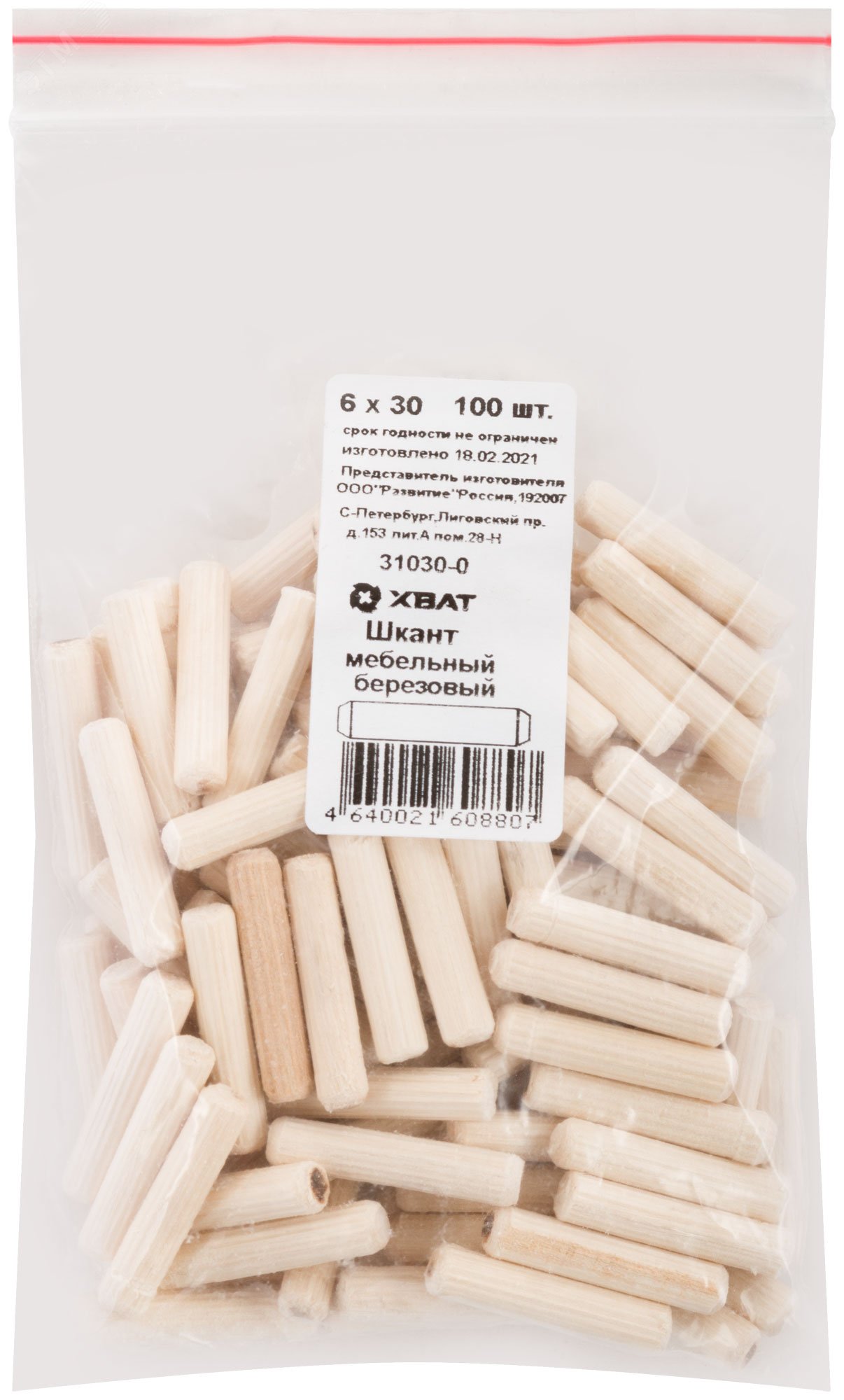 Изображение товара Березовый мебельный шкант 6x30 мм 100 шт для соединения деревянных деталей