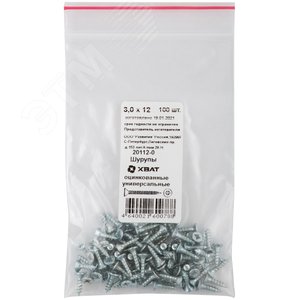 Изображение товара Шуруп универсальный 3х12 потайная головка, остроконечный, оцинкованный (100шт) (упак)