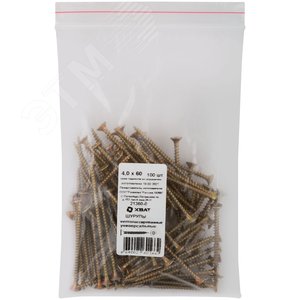 Изображение товара Шуруп универсальный 4х60 потайная головка, остроконечный, желтопассивированный (100шт) (упак)