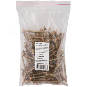 Изображение товара Шуруп универсальный 5х60 потайная головка, остроконечный, желтопассивированный (100шт) (упак)