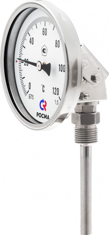 Термометр биметаллический коррозионностойкий унив ерсальный БТ-54.220 0-100С 100 мм Резьба M20x1,5. Длина штока 64мм. Класс точности 1,5.