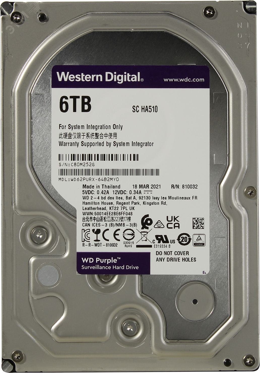 Жесткий диск 6Tb WD by Purple 3.5'', SATAIII, 5400 об/мин, 64 МБ  WD62PURX-78B2MY0 Hikvision