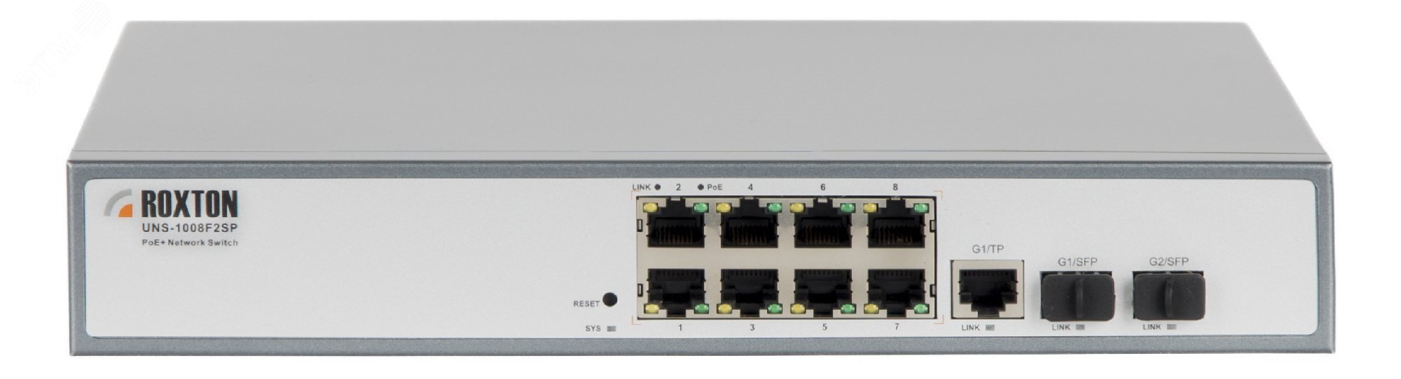 Коммутатор неуправляемый сетевой , порт 10/100 Мбит/с х 8, порт TF х 1, порт SFP х 2, PoE+(IEEE 802.3at-2009), 1U UNS-1008F2SP Roxton