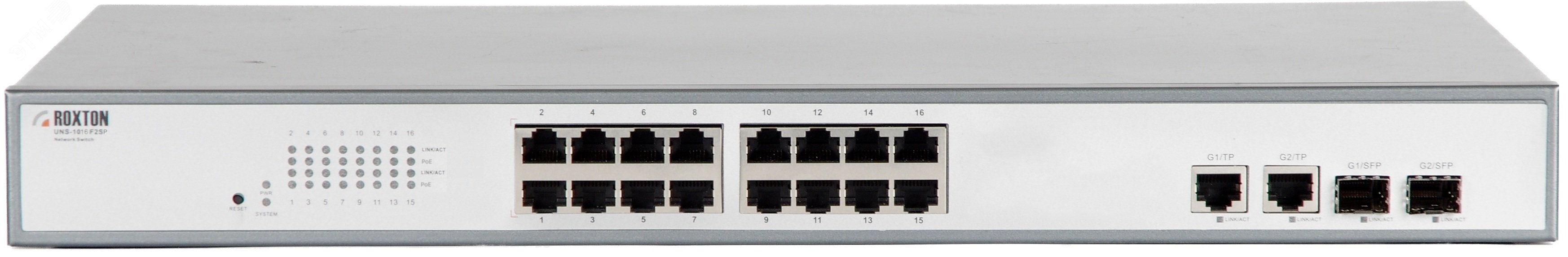 Коммутатор неуправляемый сетевой , порт 10/100 Мбит/с х 16, порт TF х 2, порт SFP х 2, PoE+(IEEE 802.3at-2009), 1U UNS-1016F2SP Roxton