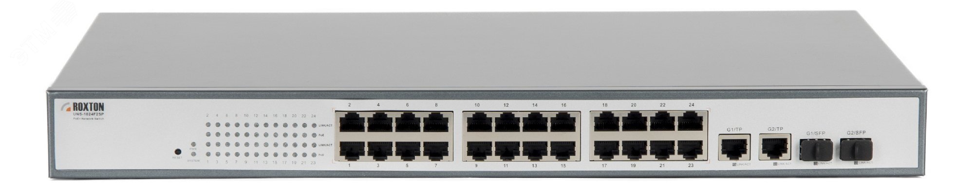 Коммутатор неуправляемый сетевой , порт 10/100 Мбит/с х 24, порт TF х 2, порт SFP х 2, PoE+(IEEE 802.3at-2009), 1U UNS-1024F2SP Roxton