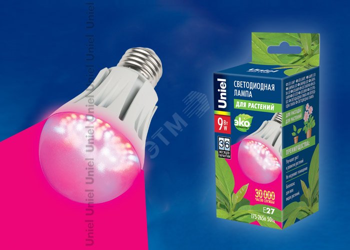 Лампа светодиодная для растений LED-A60-9W/SP/E27/CL ALM01WH спектр для рассады Форма A пластик 09645 Uniel - превью 2