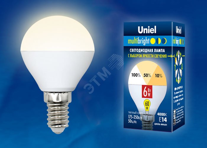 Лампа светодиодная с трехступенчатым диммером 100-50-10 LED 6вт 175-250В шар 510Лм Е14 3000К Multibrigh UL-00002375 Uniel - превью 2