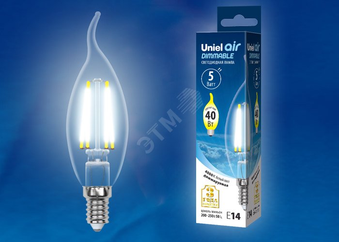 Лампа светодиодная LED 5вт 200-250В свеча на ветру диммируемая 450Лм Е14 4000К Air филамент UL-00002865 Uniel - превью 2