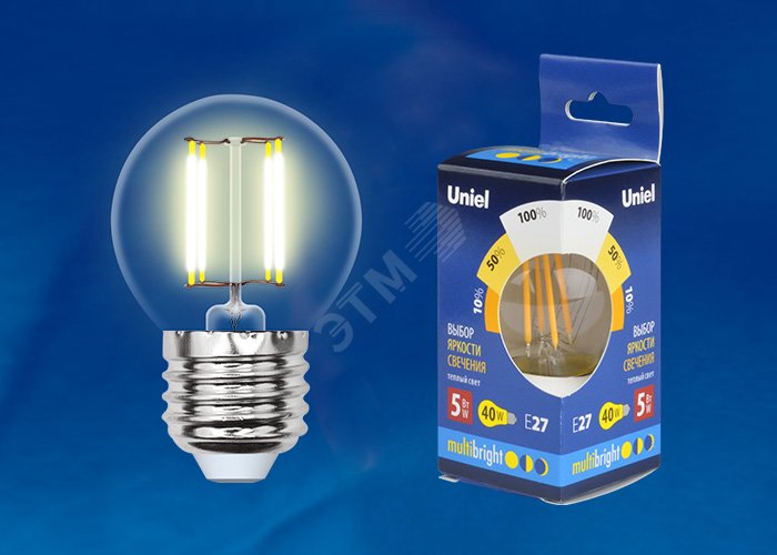 Лампа светодиодная с трехступенчатым диммером 100-50-10 LED 5вт 175-250В шар 420Лм Е27 3000К Multibrigh филамент UL-00002370 Uniel - превью 2