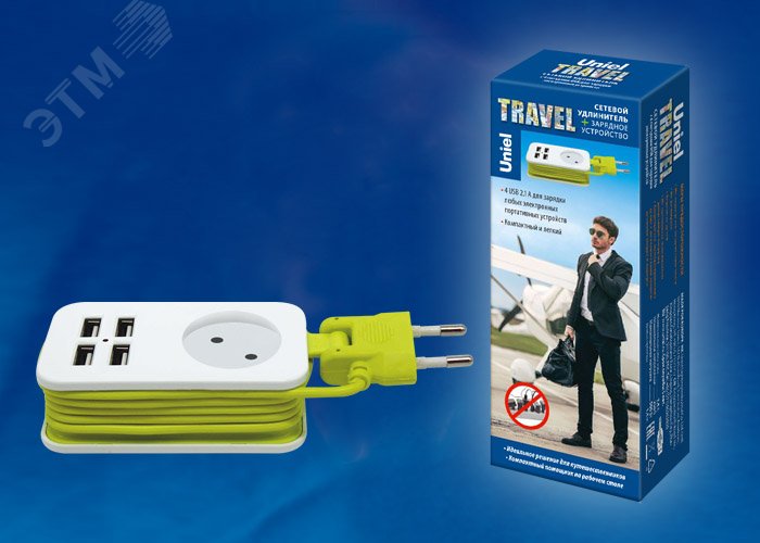 Изображение товара Удлинитель бытовой с 4 USB портами 1,5м бело-зеленый серия Travel Uniel