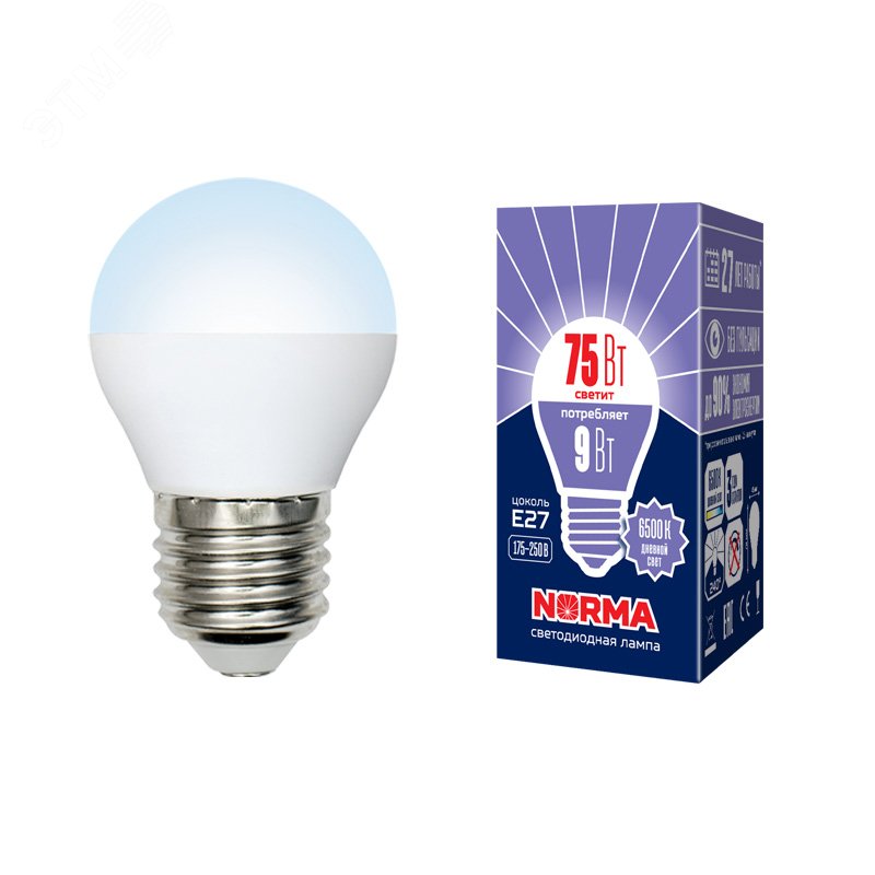 Лампа светодиодная LED-G45-9W/DW/E27/FR/NR Форма шар, матовая.  Norma. Дневной (6500K). UL-00003827 Uniel