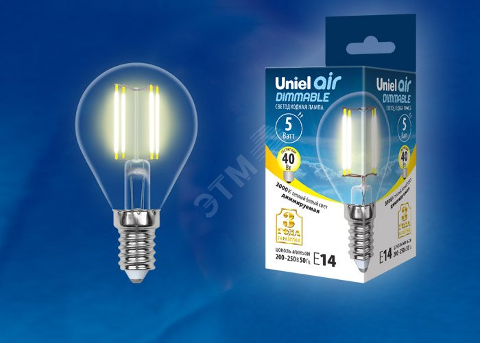 Лампа светодиодная LED 5вт 200-250В шар диммируемый 450Лм Е14 3000К Air филамент UL-00002866 Uniel - превью 2