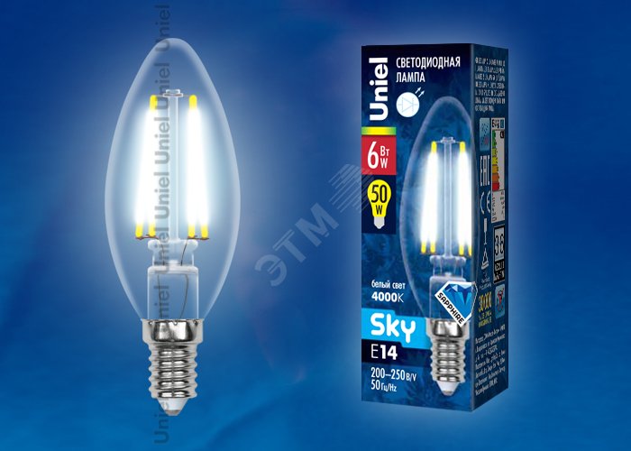 Лампа светодиодная LED 6вт 200-250В свеча прозрачное 500Лм Е14 4000К Sky филамент UL-00001373 Uniel - превью 2
