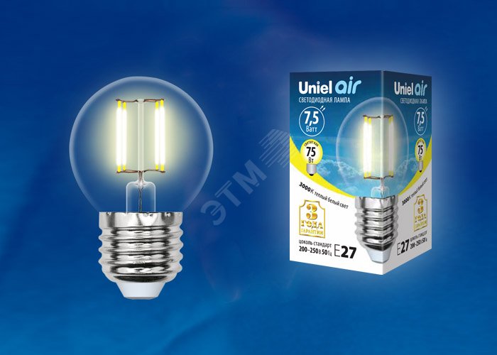 Лампа светодиодная. Форма ''шар'', прозрачная. Air. Теплый (3000K). LED-G45-7,5W/WW/E27/CL GLA01TR LEDG457,5WWWE27CLGLA01TR Uniel - превью 2