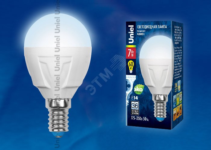 Лампа светодиодная LED 7вт 175-250В шар матовый 600Лм Е14 4000К ЯРКАЯ UL-00002417 Uniel - превью 2